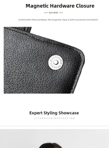 Detail of shiny silver magnetic hardware buckle on black lychee grain leather handbag