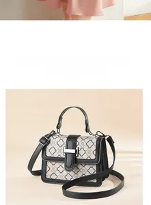 Detail view of small houndstooth handbag with silver metal buckle and interior compartments