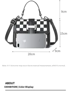 Detailed size chart for black and white checkered handbag with dimensions 20x15x9 cm