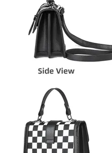 Side view showing three internal compartments and pebble grain texture of plaid crossbody bag