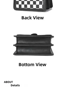 Detailed views showing the back and expandable accordion bottom of the checkerboard handbag