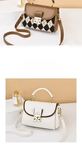 Detail showing vintage plaid pattern handbag and white flap bag with metal buckle closures