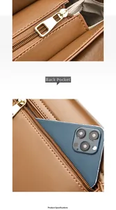 Detail of brown leather handbag back pocket showing storage for a large smartphone