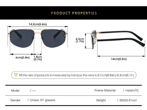 Detailed size chart for unisex half-frame metal and PC sunglasses with measurements