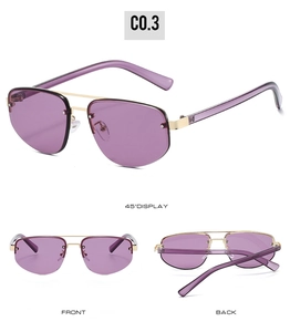 Three perspectives of semi-rimless sunglasses with purple lenses and gold double bridge
