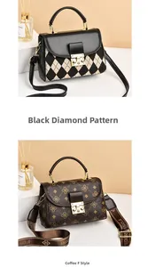 Detail view of vintage square crossbody bags in black rhombus and brown logo prints
