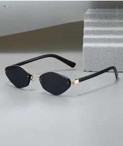 Detail of geometric polygonal sunglasses with gold metal hinges and black temples on stone
