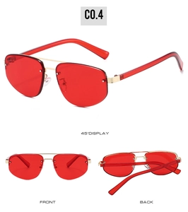 Detailed multi-angle view of aviator sunglasses with red lenses and gold double bridge