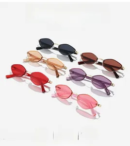 Detailed top view of retro polygonal rimless sunglasses in six vibrant lens colors