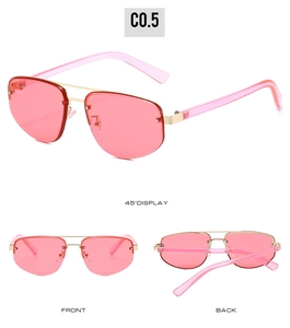 Detailed views of pink rimless aviator sunglasses with gold double bridge accents