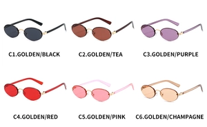 Retro oval rimless sunglasses in black, tea, purple, red, pink, and champagne colors