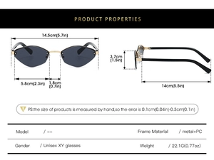 Detailed size chart of polygon rimless sunglasses with metal frame and dimensions