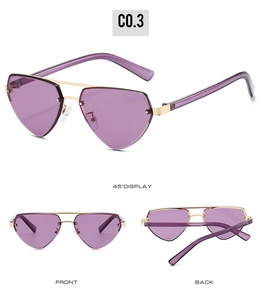 Vues détaillées de lunettes de soleil cœur sans monture violettes avec pont en métal doré
