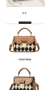 Front view of a vintage crossbody bag with argyle pattern and gold metal buckle