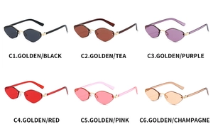 Multiple colors of rimless geometric diamond-cut sunglasses with gold metal temples