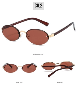 Three-angle view of vintage oval sunglasses with brown lenses and gold metal accents