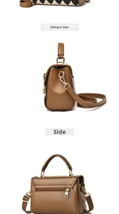 Detail of vintage brown leather handbag featuring side view and rear zipper pocket