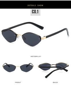 Detailed multi-angle view of polygonal rimless sunglasses with gold metal bridge and hinges