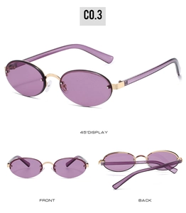 Multi-angle view of vintage oval rimless sunglasses with purple gradient lenses and gold frame