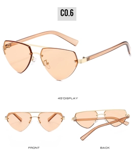 Vue détaillée sous plusieurs angles de lunettes de soleil cœur sans monture orange