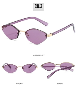 Three-angle view of rimless polygon sunglasses with purple lenses and gold metal temples