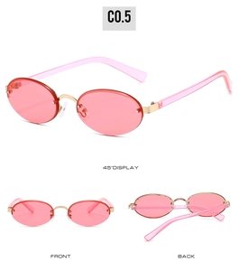 Three views of oval rimless sunglasses with pink lenses and gold metal nose bridge