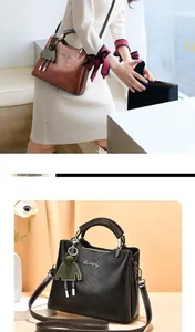 Detail view of oil wax PU leather handbags in black and brown with metal logo accents