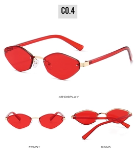 Three-angle view of vintage red rimless geometric sunglasses with gold metal bridge