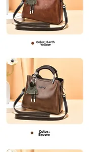 Detail view of vintage oil wax leather handbags in earth yellow and brown with metal logo