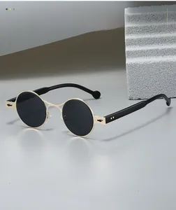 Detailed view of silver oval sunglasses frame with sleek golden temples and arrow tips