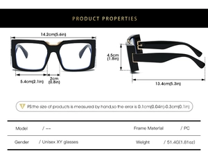 Detailed size specification and dimensions for stylish square frame unisex eyeglasses