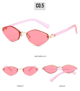 Three-way view of pink rimless polygon sunglasses with gold metal bridge and C0.5 code
