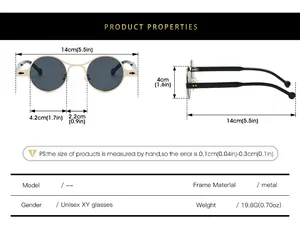 Detailed size chart for silver oval frame sunglasses with metal frame dimensions and weight