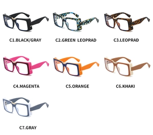 Collection of seven square frame clear lens glasses in various colors like black and leopard