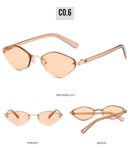 Detailed views of rimless diamond-cut sunglasses with orange lenses and golden metal frame