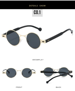 Detailed views showing the vintage oval metal frame and sleek black gold arms of sunglasses