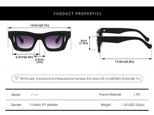 Detailed size chart for square sunglasses showing frame dimensions and PC material specs