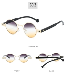 Detail view of silver oval sunglasses with purple to orange gradient lenses from three angles