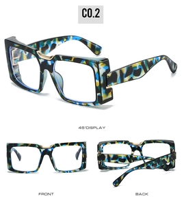 Three-angle view of chunky square glasses frames with blue and yellow mosaic pattern