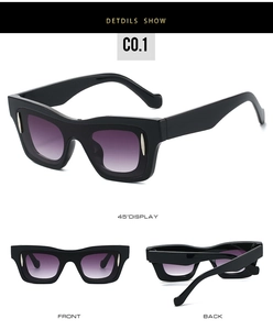 Detail view of retro square black sunglasses with purple gradient lenses and metal accents