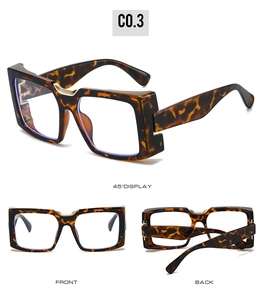 Three views of tortoiseshell square eyeglasses with gold metal nose bridge accents