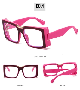 Detailed views of women's oversized square dual-tone pink and burgundy fashion glasses
