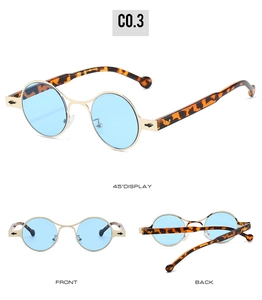 Detailed views of silver oval sunglasses featuring blue lenses and tortoiseshell temples