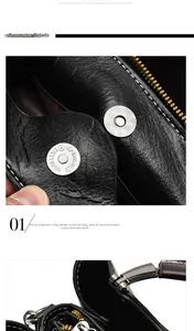 Detail view of the black oil wax leather shoulder bag with a secure gun-metal magnetic buckle