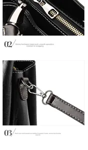 Detailed view of glossy silver zipper and durable polished hardware on black leather handbag