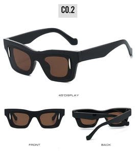 Three-angle product view of vintage square sunglasses with black frame and brown lenses