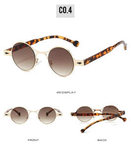 Detailed multi-angle views of silver oval sunglasses with tortoiseshell temples and gradient lenses