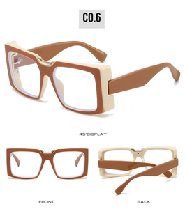 Detailed views of square frame glasses in brown and cream bicolor with transparent lenses