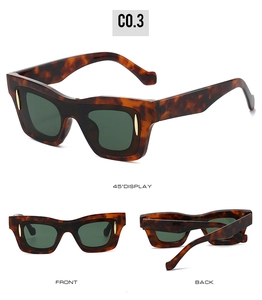 Three views of retro square sunglasses with tortoiseshell frames and dark green lenses
