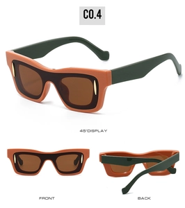 Detailed multi-angle views of square retro sunglasses in orange and dark green frames